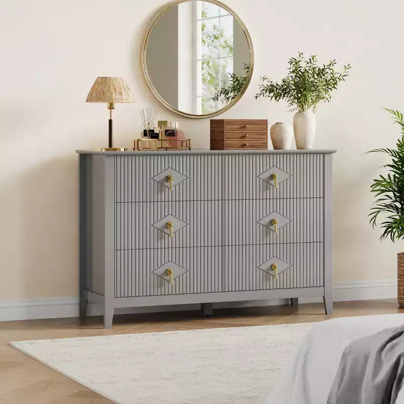 6-Drawer Dresser, Modern Wooden Bedroom Chest of Drawers With Storage Drawers, Farmhouse Style TV Stand for Living Room, Bedroom, Hallway