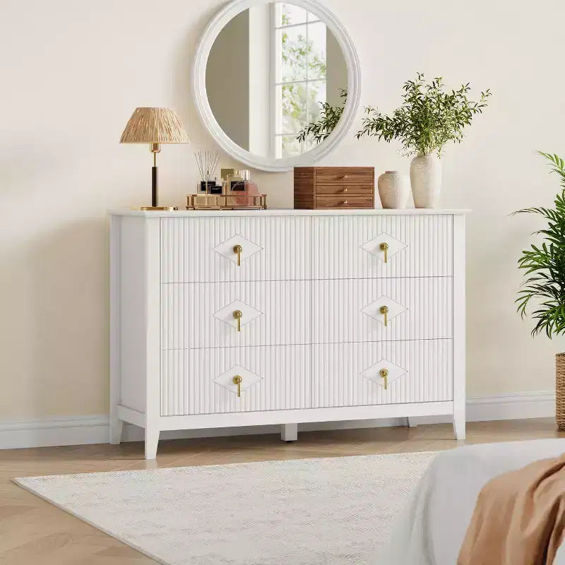 6-Drawer Dresser, Modern Wooden Bedroom Chest of Drawers With Storage Drawers, Farmhouse Style TV Stand for Living Room, Bedroom, Hallway