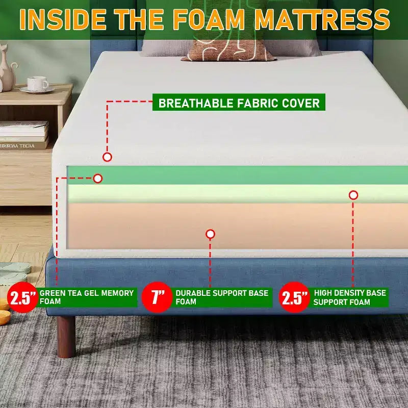 BestMassage 12 Inch Green Tea Memory Foam Mattress Cooling Gel Infused Mattress Medium Firm Mattresses