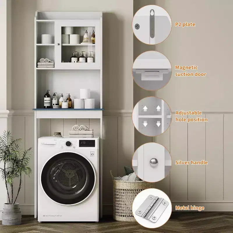 Over the Toilet Storage Cabinet with Adjustable Shelves and Glass Door, Space-Saving over-Toilet Design, Sturdy Waterproof White Finish Glass Doors