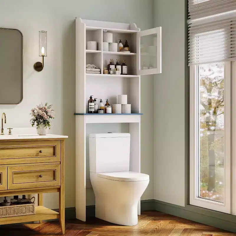Over the Toilet Storage Cabinet with Adjustable Shelves and Glass Door, Space-Saving over-Toilet Design, Sturdy Waterproof White Finish Glass Doors