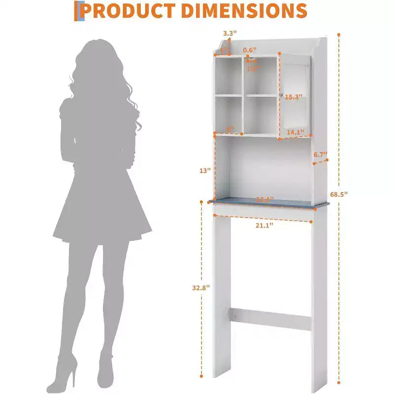 Over the Toilet Storage Cabinet with Adjustable Shelves and Glass Door, Space-Saving over-Toilet Design, Sturdy Waterproof White Finish Glass Doors