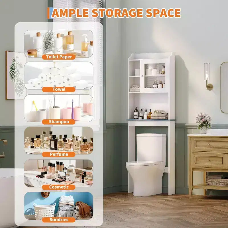 Over the Toilet Storage Cabinet with Adjustable Shelves and Glass Door, Space-Saving over-Toilet Design, Sturdy Waterproof White Finish Glass Doors