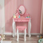 JOYMOR Kids Vanity Set with 360 Mirror, 2-in-1 Princess Makeup Table & Stool with Drawers for Girls (Pink)