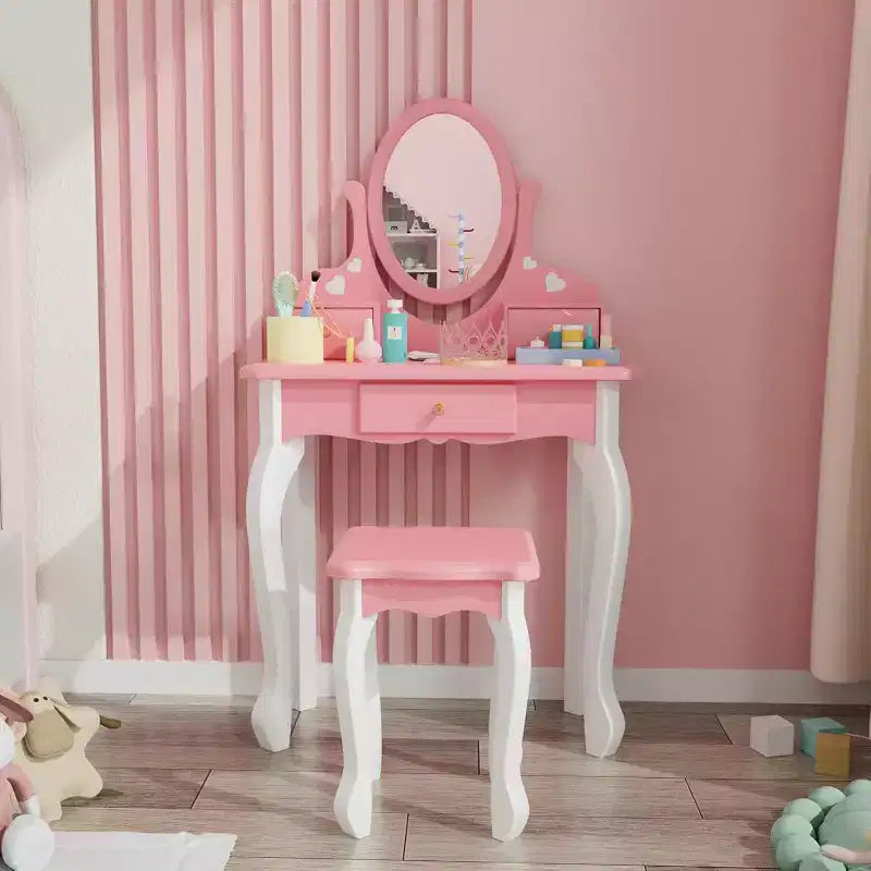 JOYMOR Kids Vanity Set with 360 Mirror, 2-in-1 Princess Makeup Table & Stool with Drawers for Girls (Pink)