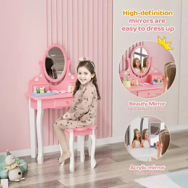 JOYMOR Kids Vanity Set with 360 Mirror, 2-in-1 Princess Makeup Table & Stool with Drawers for Girls (Pink)