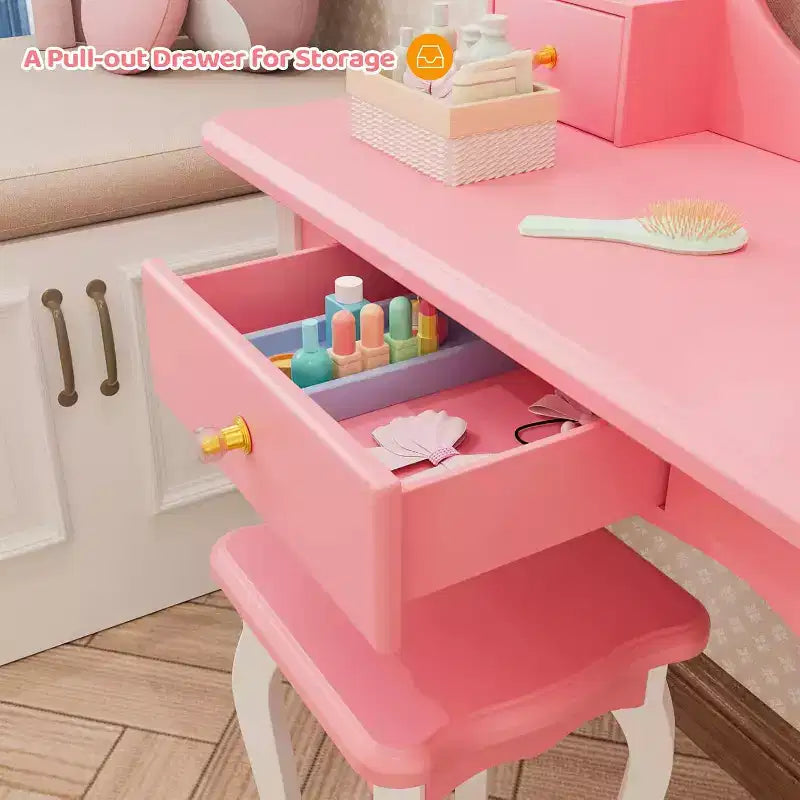 JOYMOR Kids Vanity Set with 360 Mirror, 2-in-1 Princess Makeup Table & Stool with Drawers for Girls (Pink)