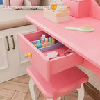 JOYMOR Kids Vanity Set with 360 Mirror, 2-in-1 Princess Makeup Table & Stool with Drawers for Girls (Pink)