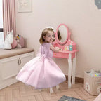 JOYMOR Kids Vanity Set with 360 Mirror, 2-in-1 Princess Makeup Table & Stool with Drawers for Girls (Pink)