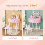 JOYMOR Kids Vanity with Touch Screen & Lights, 3-Color Adjustable Mirror, Vanity Set with Table & Chair, Drawer (Pink)