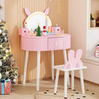 JOYMOR Kids Vanity with Touch Screen & Lights, 3-Color Adjustable Mirror, Vanity Set with Table & Chair, Drawer (Pink)