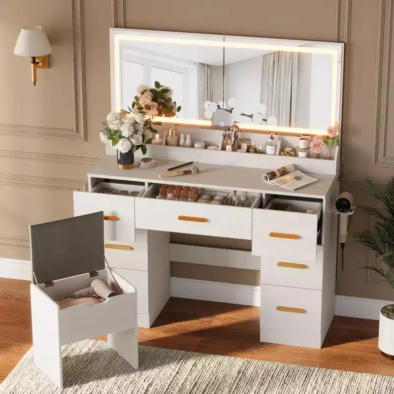 Vanity Desk with Large Mirror and Lights, 45.9In Makeup Vanity Desk, Adjustable Brightness, Power Outlet, 8 Drawers, for Powder Room and Bedroom