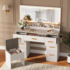 Vanity Desk with Large Mirror and Lights, 45.9In Makeup Vanity Desk, Adjustable Brightness, Power Outlet, 8 Drawers, for Powder Room and Bedroom