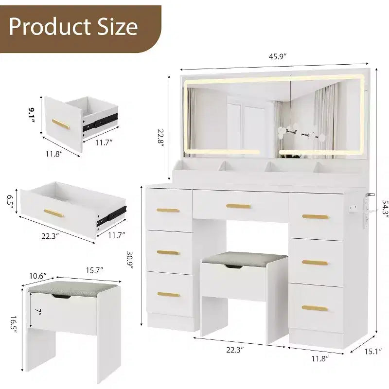 Vanity Desk with Large Mirror and Lights, 45.9In Makeup Vanity Desk, Adjustable Brightness, Power Outlet, 8 Drawers, for Powder Room and Bedroom