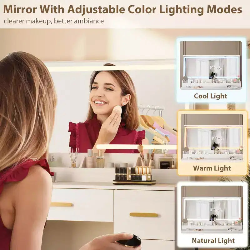 Vanity Desk with Large Mirror and Lights, 45.9In Makeup Vanity Desk, Adjustable Brightness, Power Outlet, 8 Drawers, for Powder Room and Bedroom