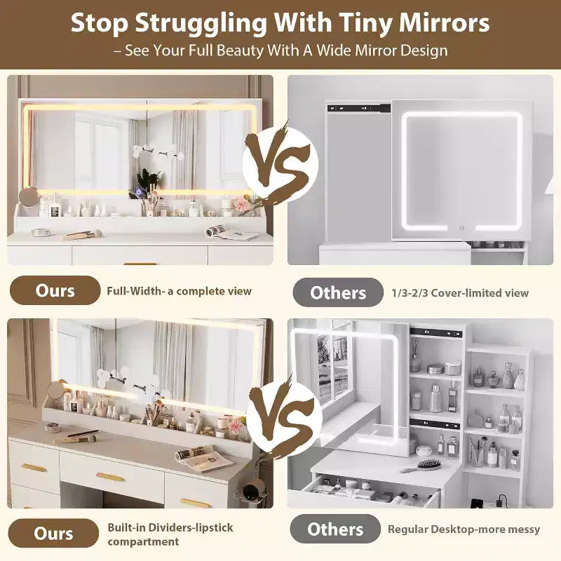 Vanity Desk with Large Mirror and Lights, 45.9In Makeup Vanity Desk, Adjustable Brightness, Power Outlet, 8 Drawers, for Powder Room and Bedroom