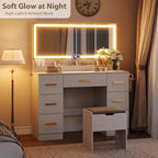 Vanity Desk with Large Mirror and Lights, 45.9In Makeup Vanity Desk, Adjustable Brightness, Power Outlet, 8 Drawers, for Powder Room and Bedroom