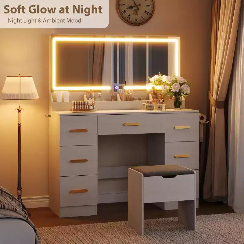Vanity Desk with Large Mirror and Lights, 45.9In Makeup Vanity Desk, Adjustable Brightness, Power Outlet, 8 Drawers, for Powder Room and Bedroom