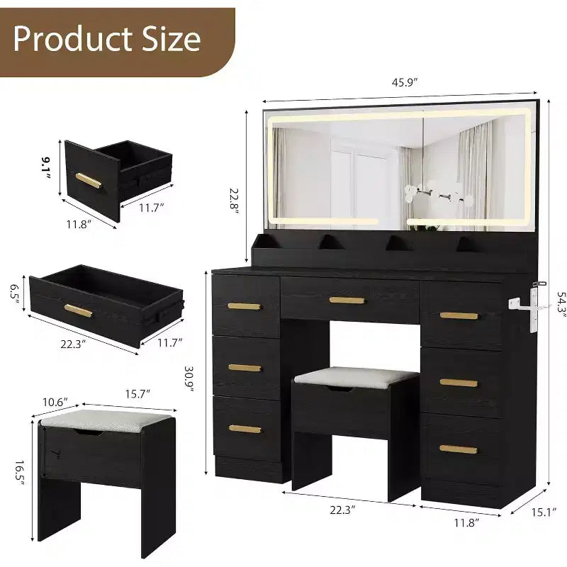 Vanity Desk with Large Mirror and Lights, 45.9In Makeup Vanity Desk, Adjustable Brightness, Power Outlet, 8 Drawers, for Powder Room and Bedroom