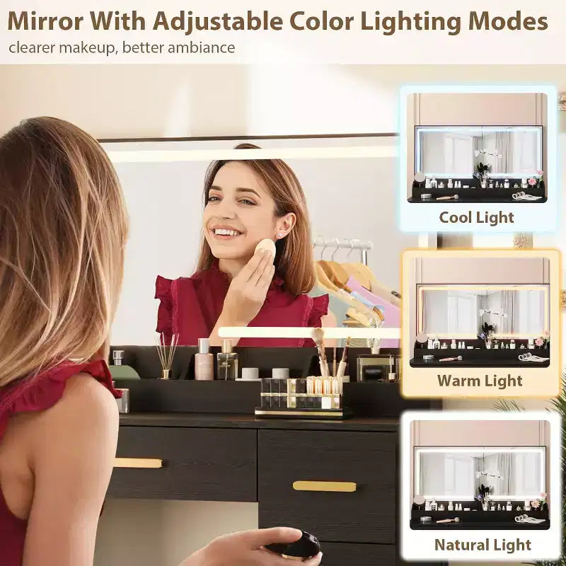 Vanity Desk with Large Mirror and Lights, 45.9In Makeup Vanity Desk, Adjustable Brightness, Power Outlet, 8 Drawers, for Powder Room and Bedroom