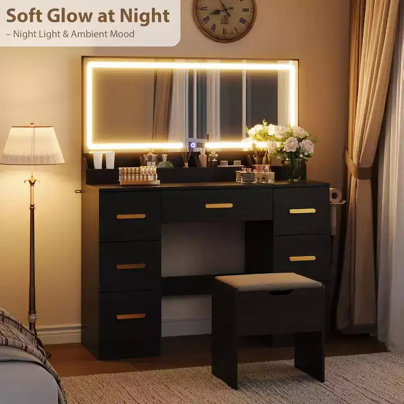 Vanity Desk with Large Mirror and Lights, 45.9In Makeup Vanity Desk, Adjustable Brightness, Power Outlet, 8 Drawers, for Powder Room and Bedroom