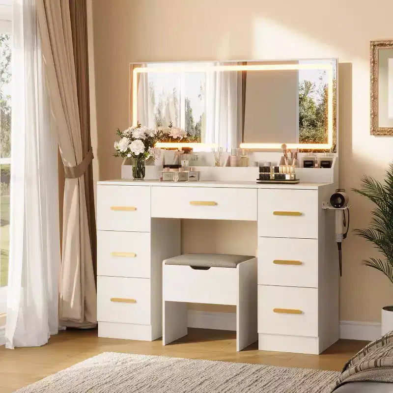 Vanity Desk with Large Mirror and Lights, 45.9In Makeup Vanity Desk, Adjustable Brightness, Power Outlet, 8 Drawers, for Powder Room and Bedroom