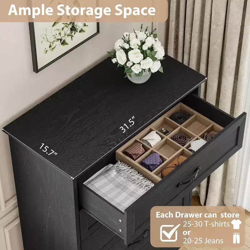 5-Drawer Farmhouse Dresser, Modern Tall Chest with Natural Wood Grain and Wide Metal Handles, for Bedroom, Living Room