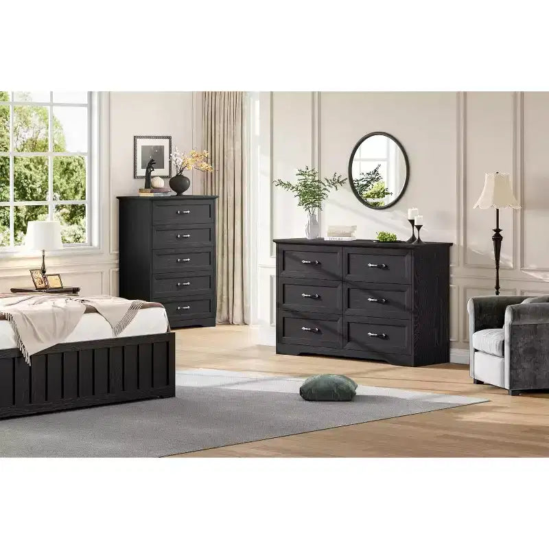 5-Drawer Farmhouse Dresser, Modern Tall Chest with Natural Wood Grain and Wide Metal Handles, for Bedroom, Living Room