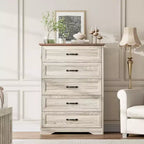 5-Drawer Farmhouse Dresser, Modern Tall Chest with Natural Wood Grain and Wide Metal Handles, for Bedroom, Living Room