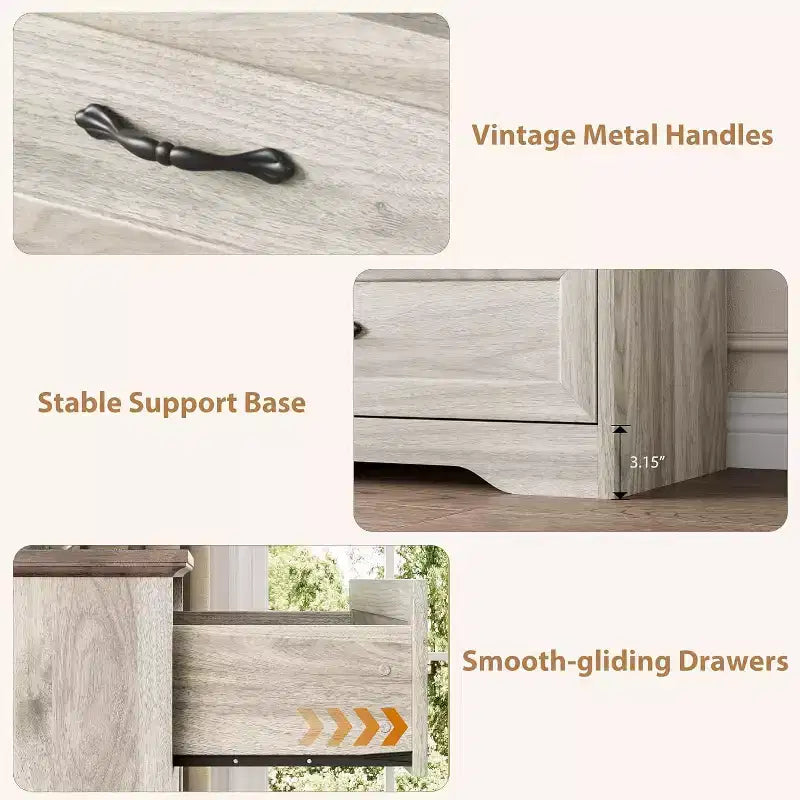 5-Drawer Farmhouse Dresser, Modern Tall Chest with Natural Wood Grain and Wide Metal Handles, for Bedroom, Living Room