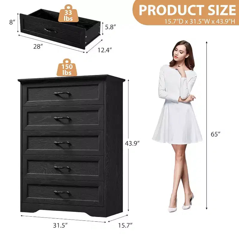 5-Drawer Farmhouse Dresser, Modern Tall Chest with Natural Wood Grain and Wide Metal Handles, for Bedroom, Living Room