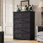 5-Drawer Farmhouse Dresser, Modern Tall Chest with Natural Wood Grain and Wide Metal Handles, for Bedroom, Living Room