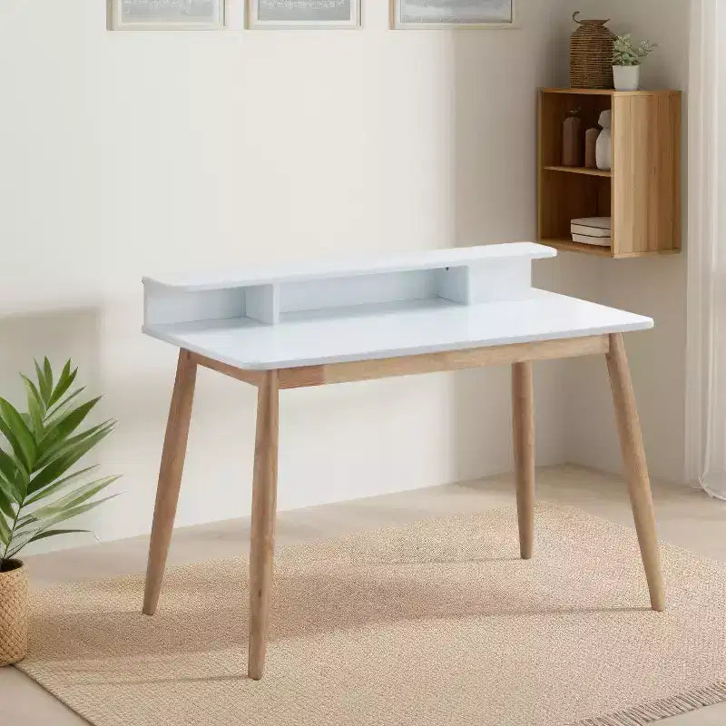 Okak 43IN Mid-Century Wooden Office Desk with Display Shelves, Writing Desk with Elegent Design, Computer Desk for Living Room, Bedroom
