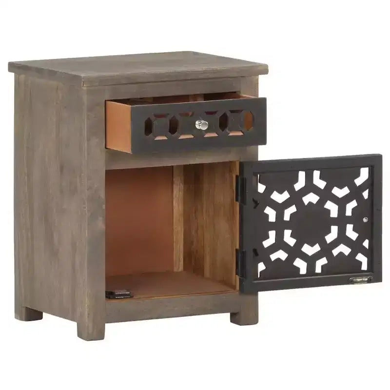vidaXL Solid Mango Wood Bedside Cabinet - Brown, Classic Style, Carved Flower Design, Nightstand/Side Table with Drawer and Cupboard