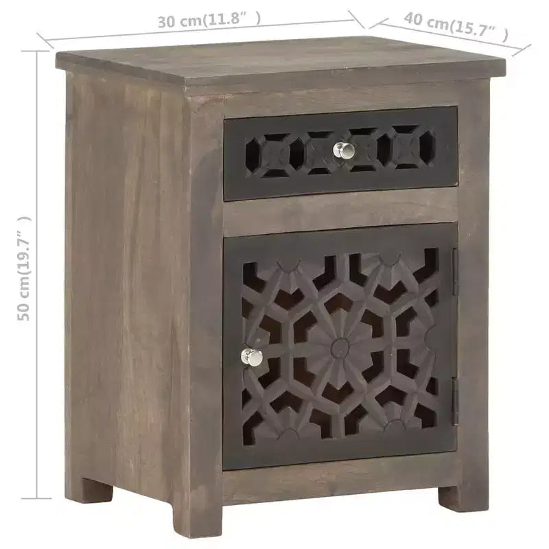 vidaXL Solid Mango Wood Bedside Cabinet - Brown, Classic Style, Carved Flower Design, Nightstand/Side Table with Drawer and Cupboard
