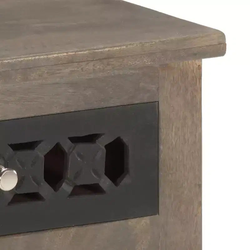 vidaXL Solid Mango Wood Bedside Cabinet - Brown, Classic Style, Carved Flower Design, Nightstand/Side Table with Drawer and Cupboard