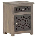 vidaXL Solid Mango Wood Bedside Cabinet - Brown, Classic Style, Carved Flower Design, Nightstand/Side Table with Drawer and Cupboard