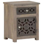 vidaXL Solid Mango Wood Bedside Cabinet - Brown, Classic Style, Carved Flower Design, Nightstand/Side Table with Drawer and Cupboard