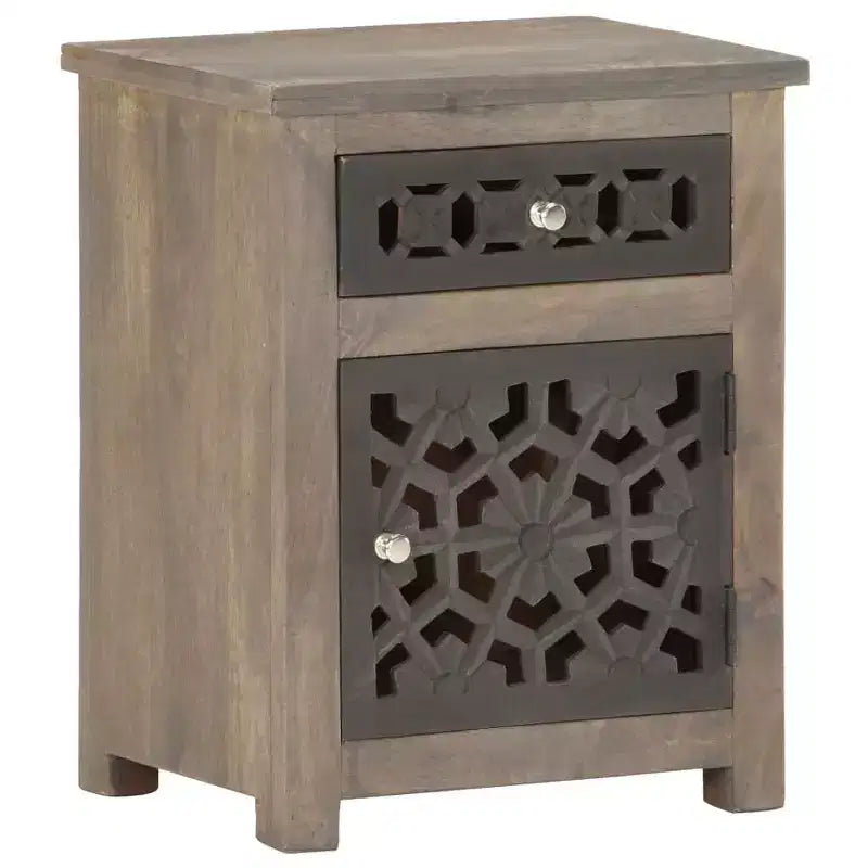 vidaXL Solid Mango Wood Bedside Cabinet - Brown, Classic Style, Carved Flower Design, Nightstand/Side Table with Drawer and Cupboard