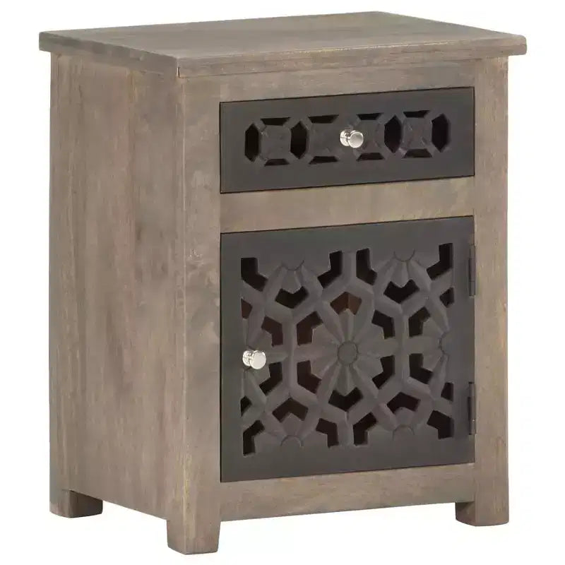 vidaXL Solid Mango Wood Bedside Cabinet - Brown, Classic Style, Carved Flower Design, Nightstand/Side Table with Drawer and Cupboard
