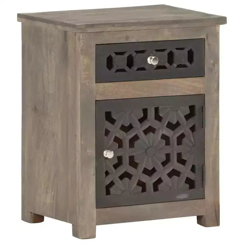 vidaXL Solid Mango Wood Bedside Cabinet - Brown, Classic Style, Carved Flower Design, Nightstand/Side Table with Drawer and Cupboard