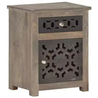 vidaXL Solid Mango Wood Bedside Cabinet - Brown, Classic Style, Carved Flower Design, Nightstand/Side Table with Drawer and Cupboard