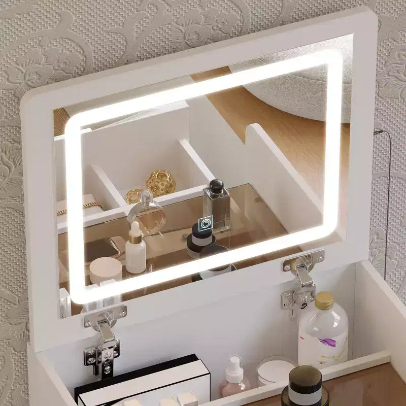 Famapy White Vanity with LED-Lit Mirror,Drawers & Movable Stool,3-Light Modes,Kids Vanity Nightstand,Computer Desk,Christmas Gift