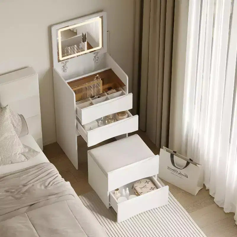 Famapy White Vanity with LED-Lit Mirror,Drawers & Movable Stool,3-Light Modes,Kids Vanity Nightstand,Computer Desk,Christmas Gift