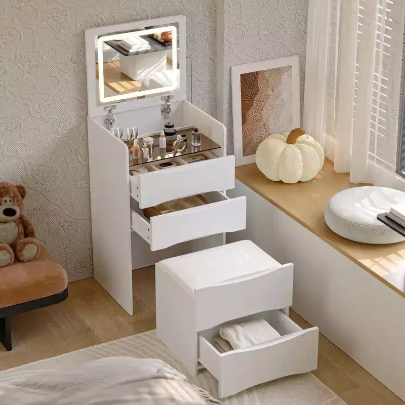 Famapy White Vanity with LED-Lit Mirror,Drawers & Movable Stool,3-Light Modes,Kids Vanity Nightstand,Computer Desk,Christmas Gift