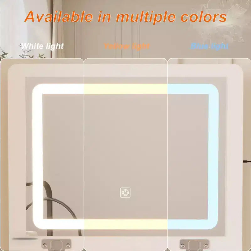 Famapy White Vanity with LED-Lit Mirror,Drawers & Movable Stool,3-Light Modes,Kids Vanity Nightstand,Computer Desk,Christmas Gift