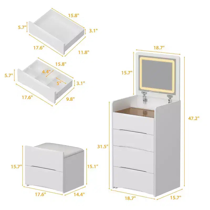 Famapy White Vanity with LED-Lit Mirror,Drawers & Movable Stool,3-Light Modes,Kids Vanity Nightstand,Computer Desk,Christmas Gift