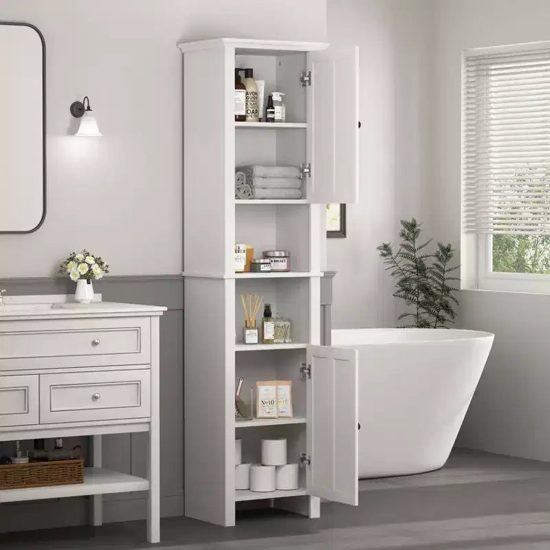 MAYEERTY Bathroom Floor Storage Cabinet with 2 Doors & 6 Shelves, Multifunctional Wooden Cabinet for Living Room Bathroom