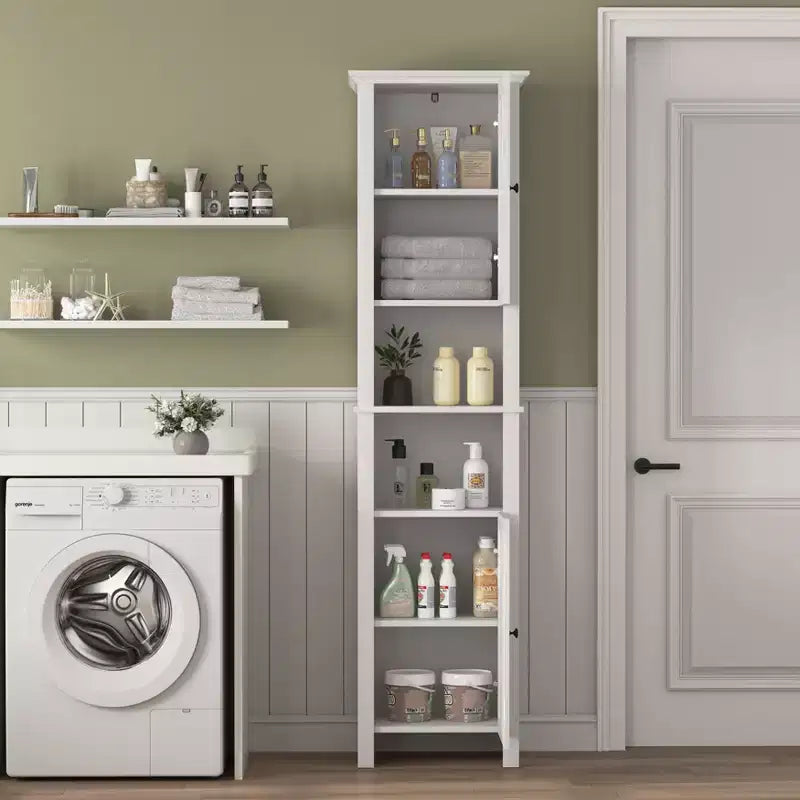 MAYEERTY Bathroom Floor Storage Cabinet with 2 Doors & 6 Shelves, Multifunctional Wooden Cabinet for Living Room Bathroom