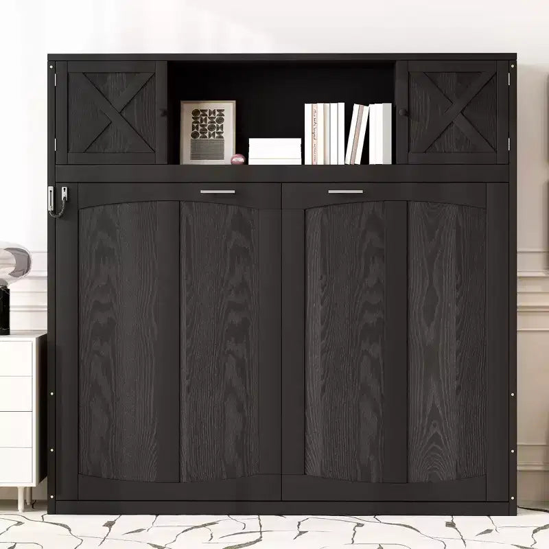 Full Size Murphy Bed Wall Bed with Storage Cabinets, Rustic Style Space-Saving Bed Frame - ModernLuxe
